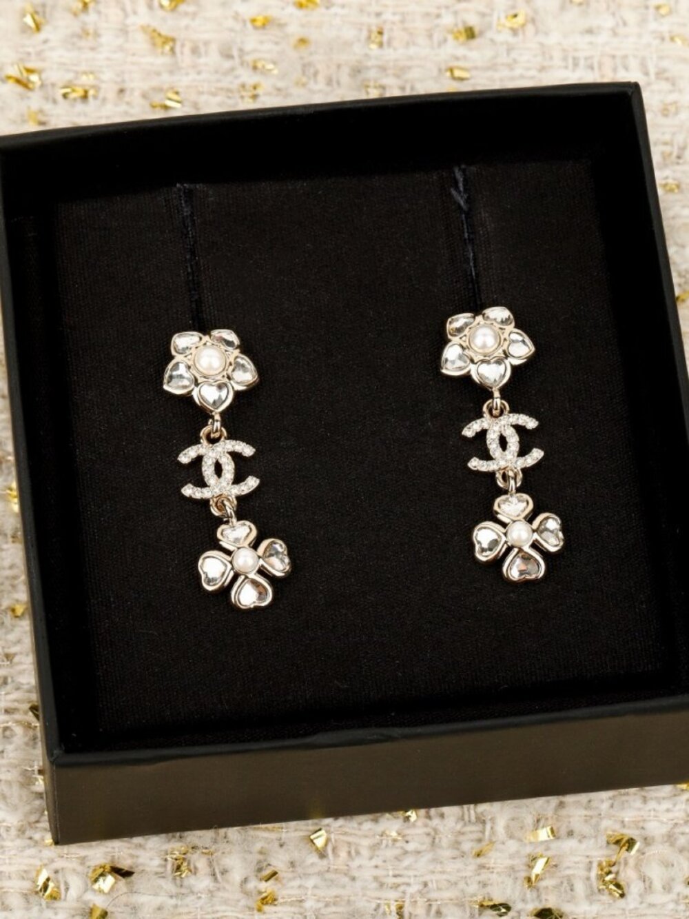 Chanel Gold-Tone Crystal Flower CC Drop Earrings